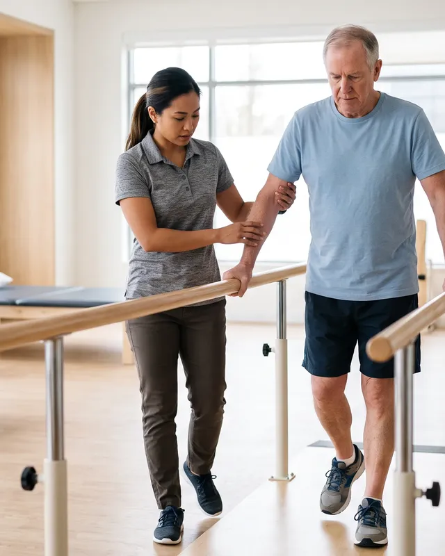 Therapist guiding a patient through balance rehabilitation exercises