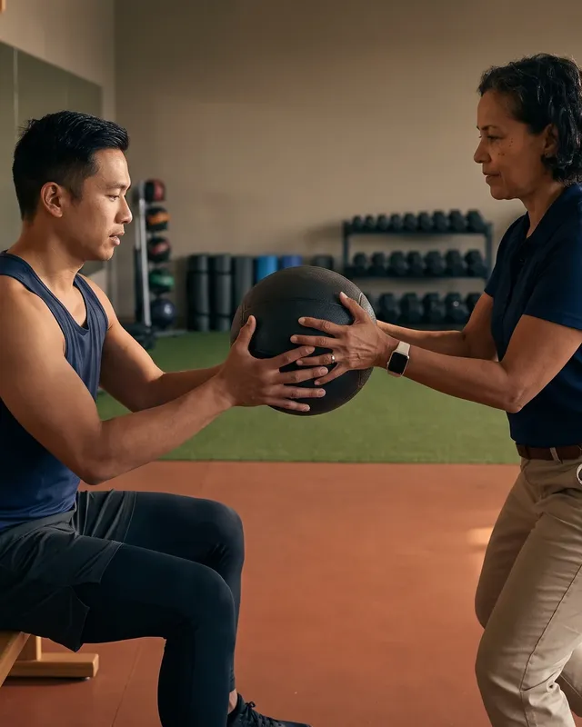 Physical therapist working with a baseball athlete on injury prevention training