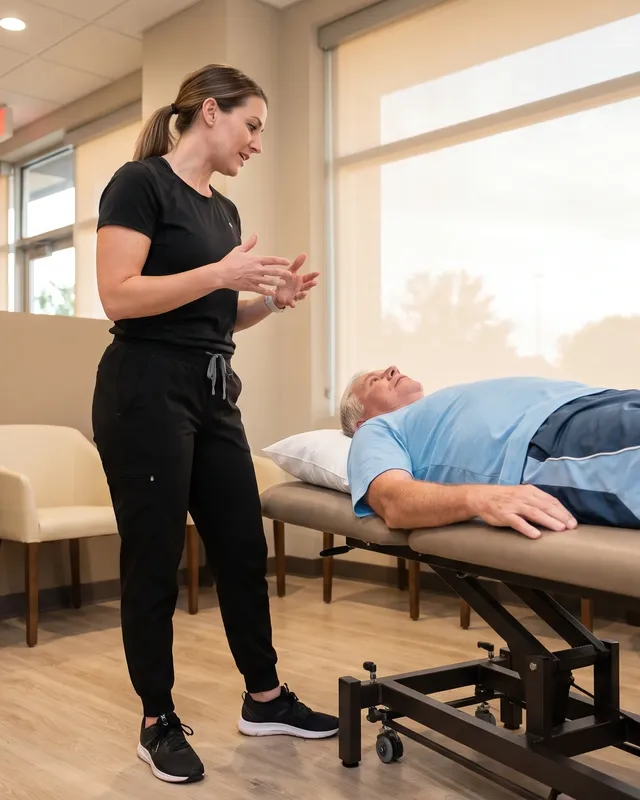 Therapist working with a patient on chronic pain management exercises