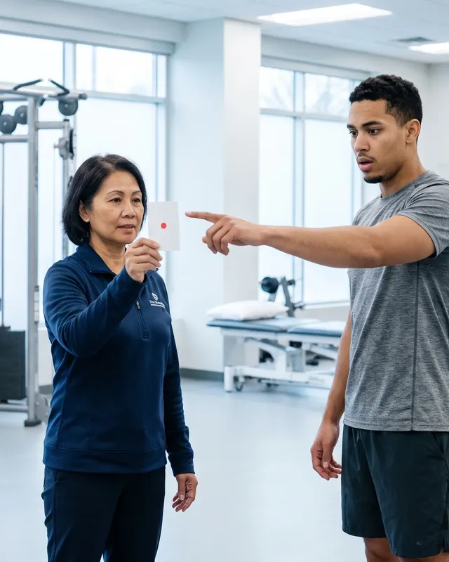 Therapist guiding a patient through vestibular rehabilitation exercises