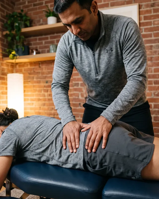 Therapist performing manual therapy and strengthening exercises for hip and knee