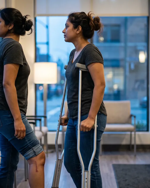 Physical therapist guiding a patient through hip replacement recovery