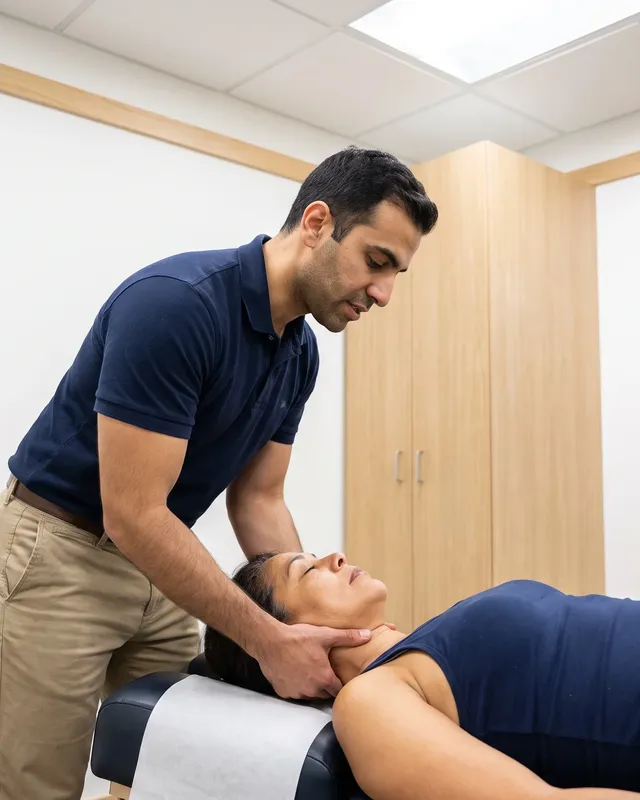 Physical therapist assessing a patient's neck