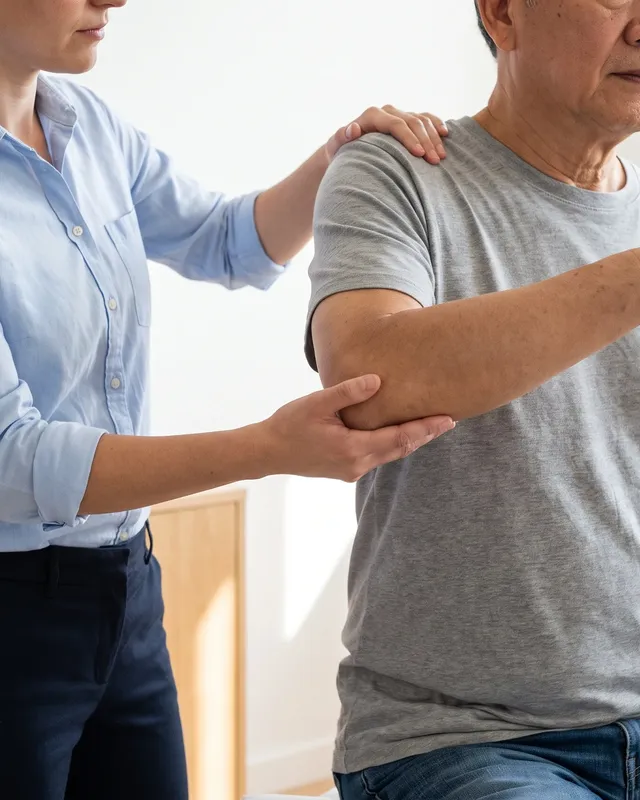 Physical therapist assessing a patient's shoulder and rotator cuff
