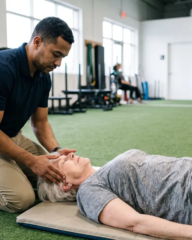 Physical therapist assessing a patient's jaw